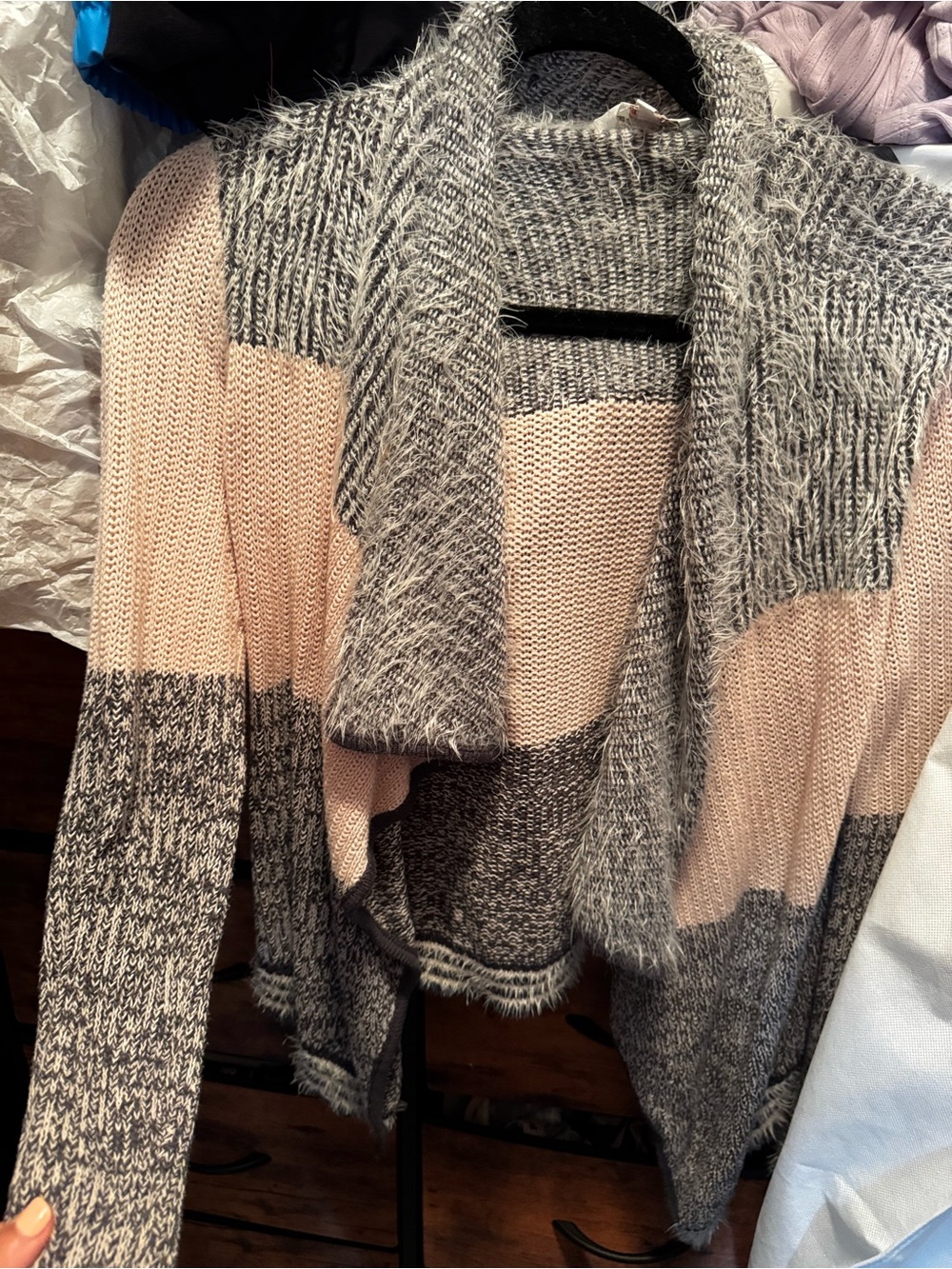 Striped Pink and Gray Open-Front Women's Sweater Cardigan